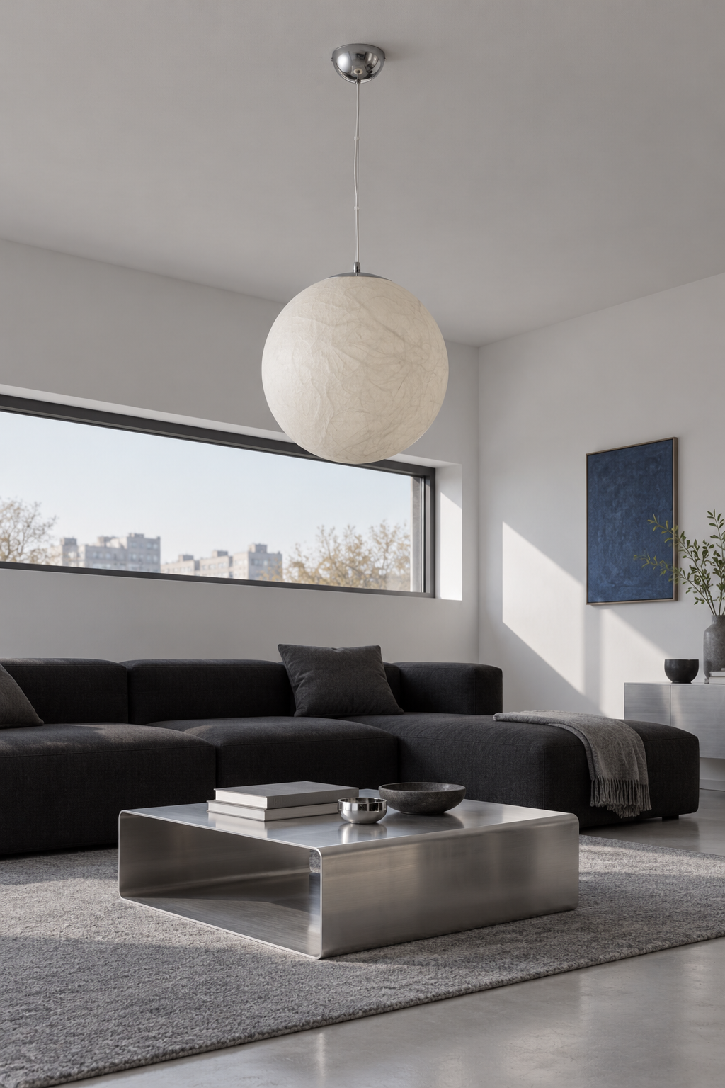 60 cm ivory silk globe pendant switched off in a cool grey living room with a silver coffee table