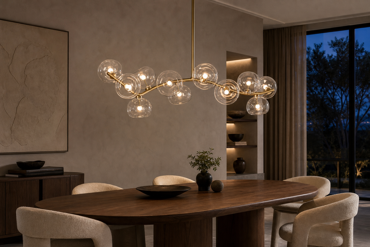 Clear glass 13-light linear chandelier illuminated above a walnut dining table