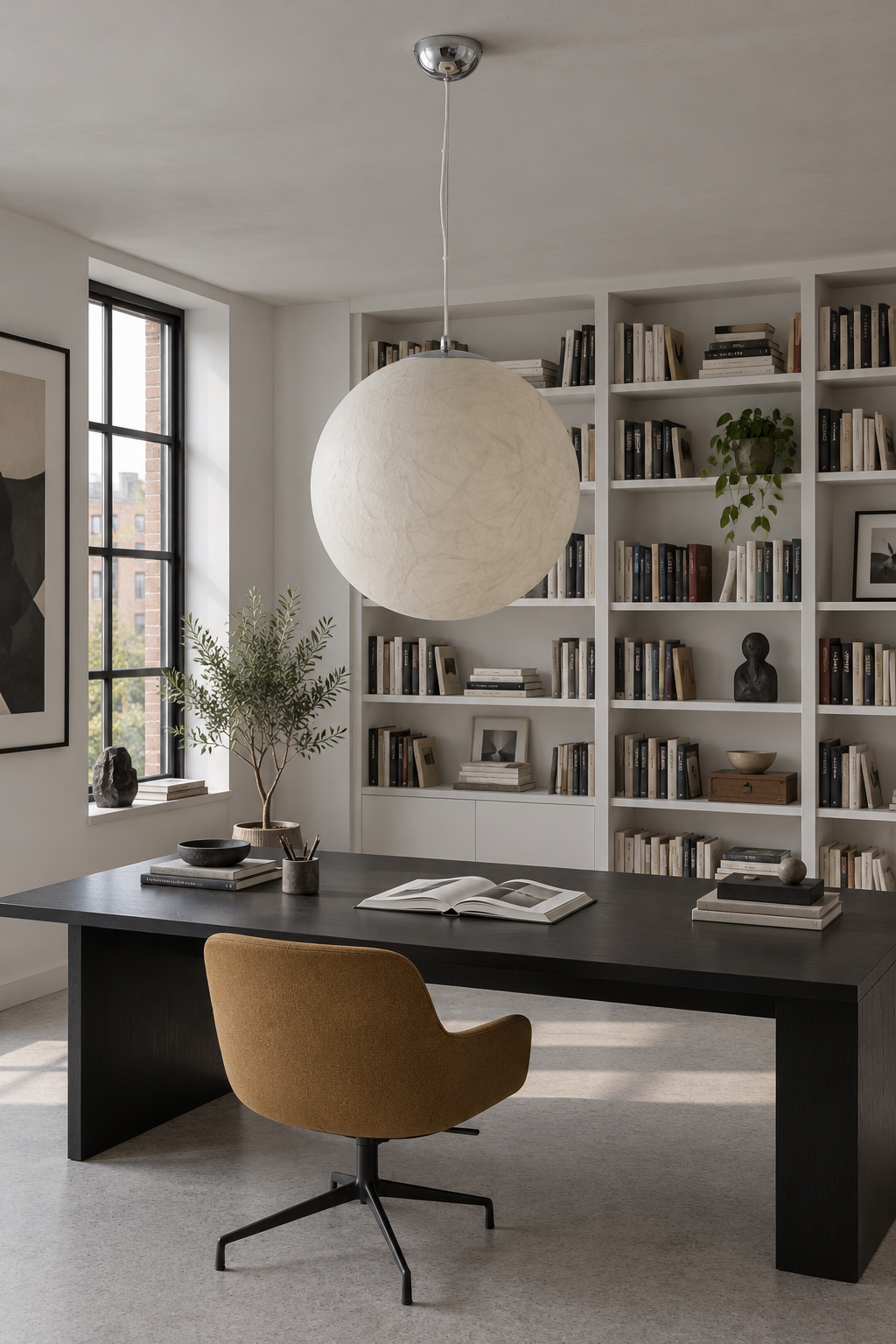 70 cm ivory silk globe pendant switched off above a black desk in a bright modern study