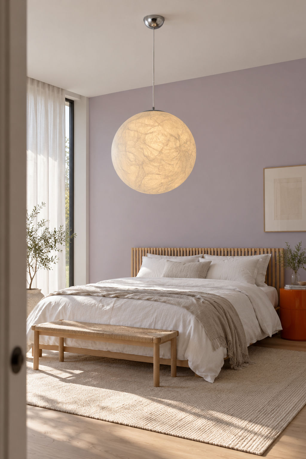 80 cm mulberry silk globe pendant in an airy bedroom with a lavender wall