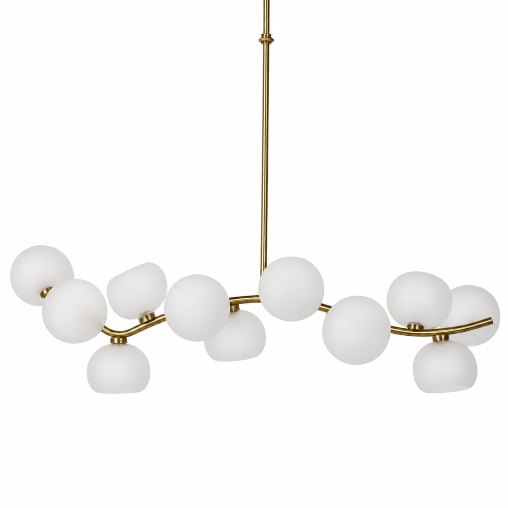 Frosted glass 13-light linear chandelier in Natural Brass on a white background