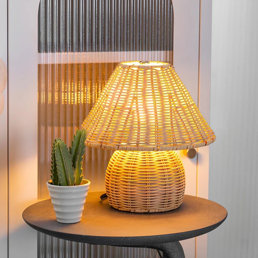 Wood Table Lamp Rattan Woven Dome Shade Round Base USB Bedside Nightstand Lighting