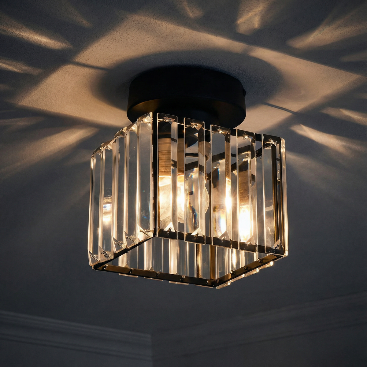 Crystal Drum Flush Mount Ceiling Light Metal Frame Gold Black Square Shade Indoor