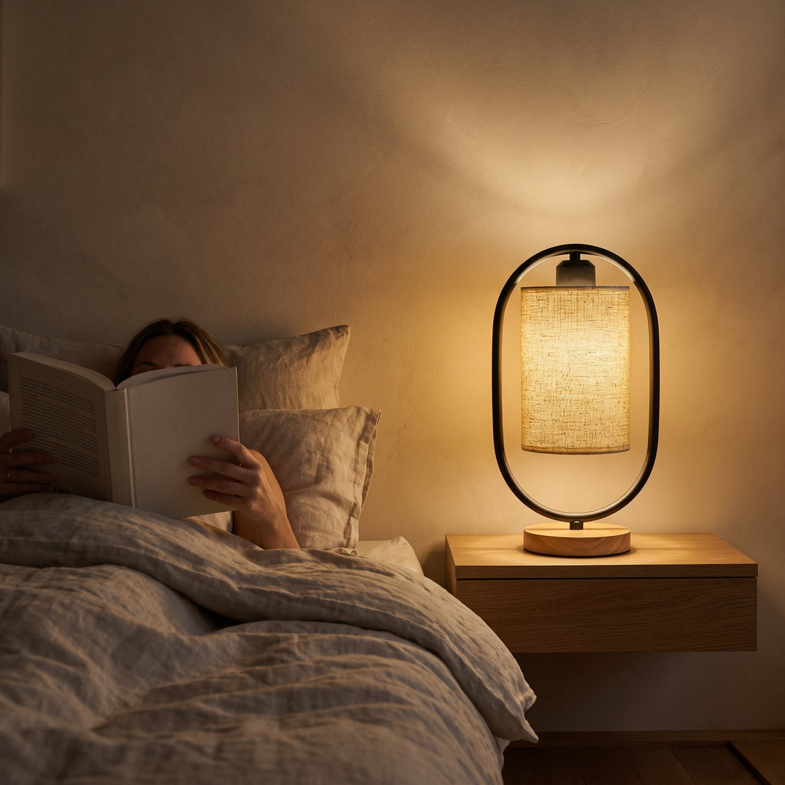 Table Lamp Shades Oval Steel Frame Linen Cylinder Shade Wood Base Bedside Nightstand