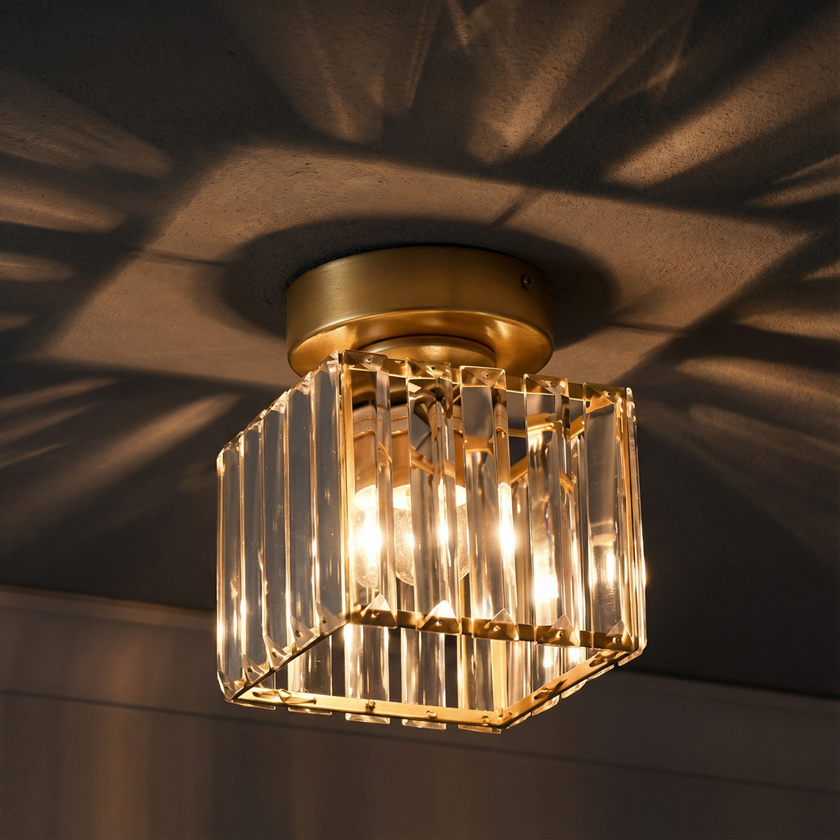 Crystal Drum Flush Mount Ceiling Light Metal Frame Gold Black Square Shade Indoor