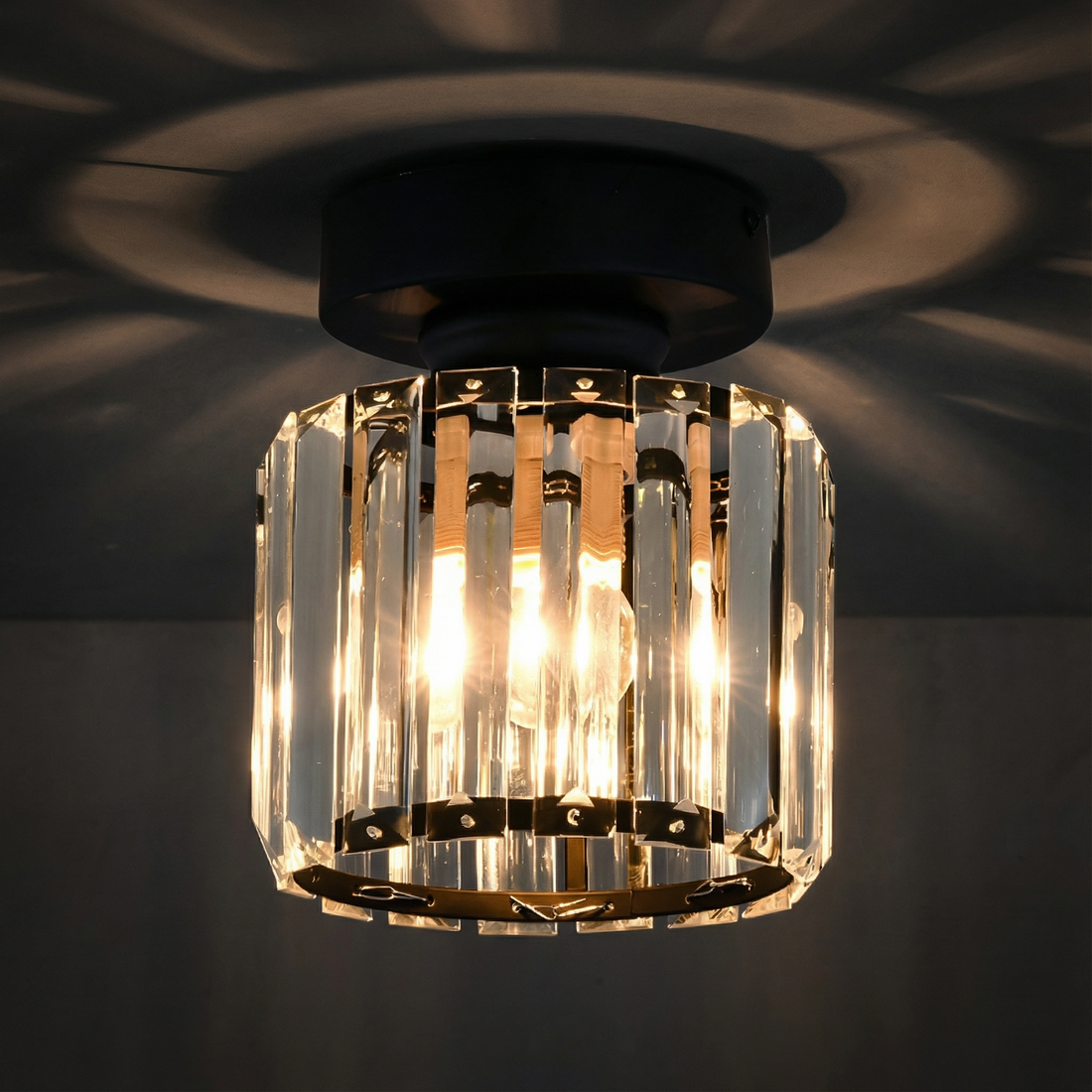 Crystal Drum Flush Mount Ceiling Light Metal Frame Gold Black Square Shade Indoor