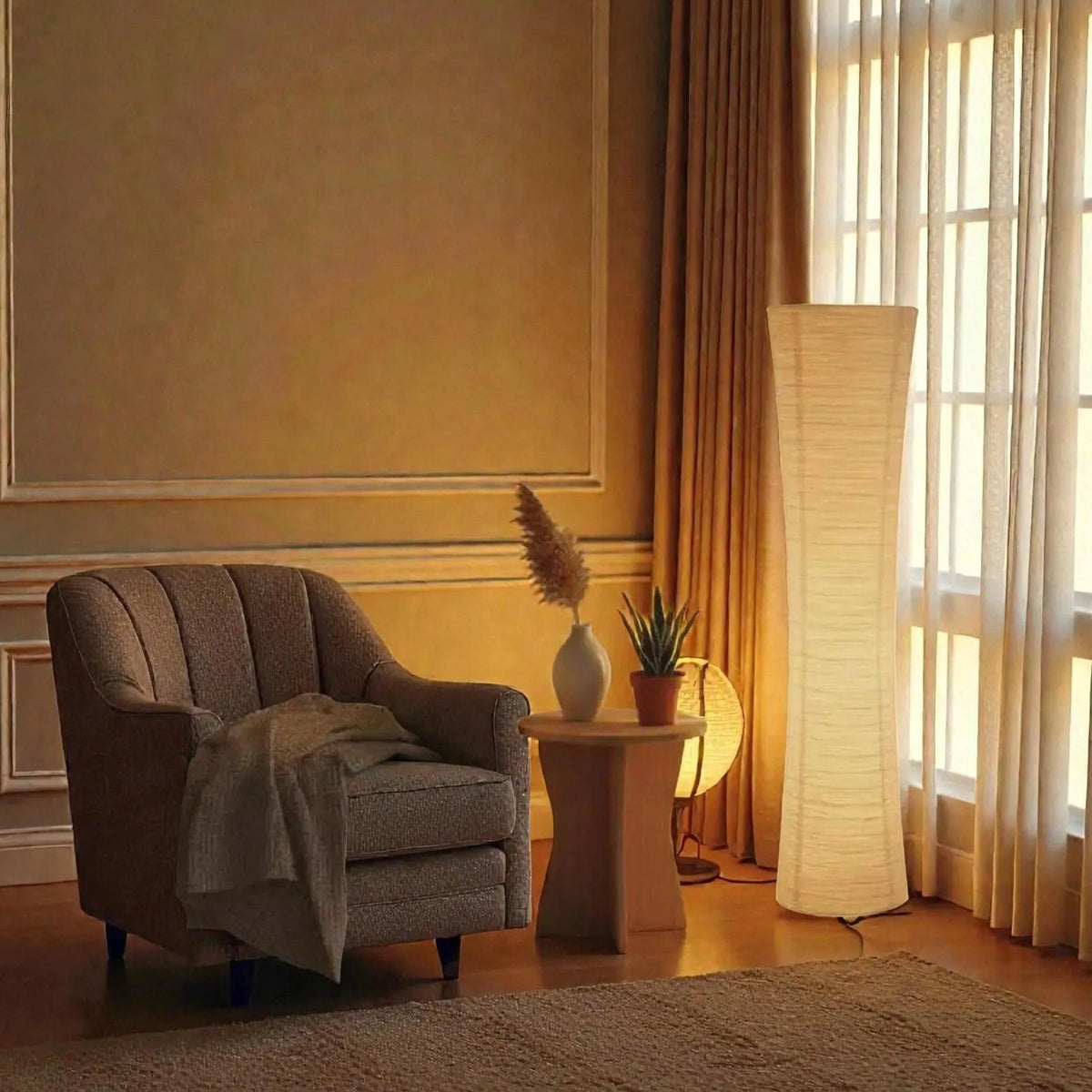 Ribbed Ivory Floor Lamp Tall Column Curved Paper Shade Accent Lighting Living Room