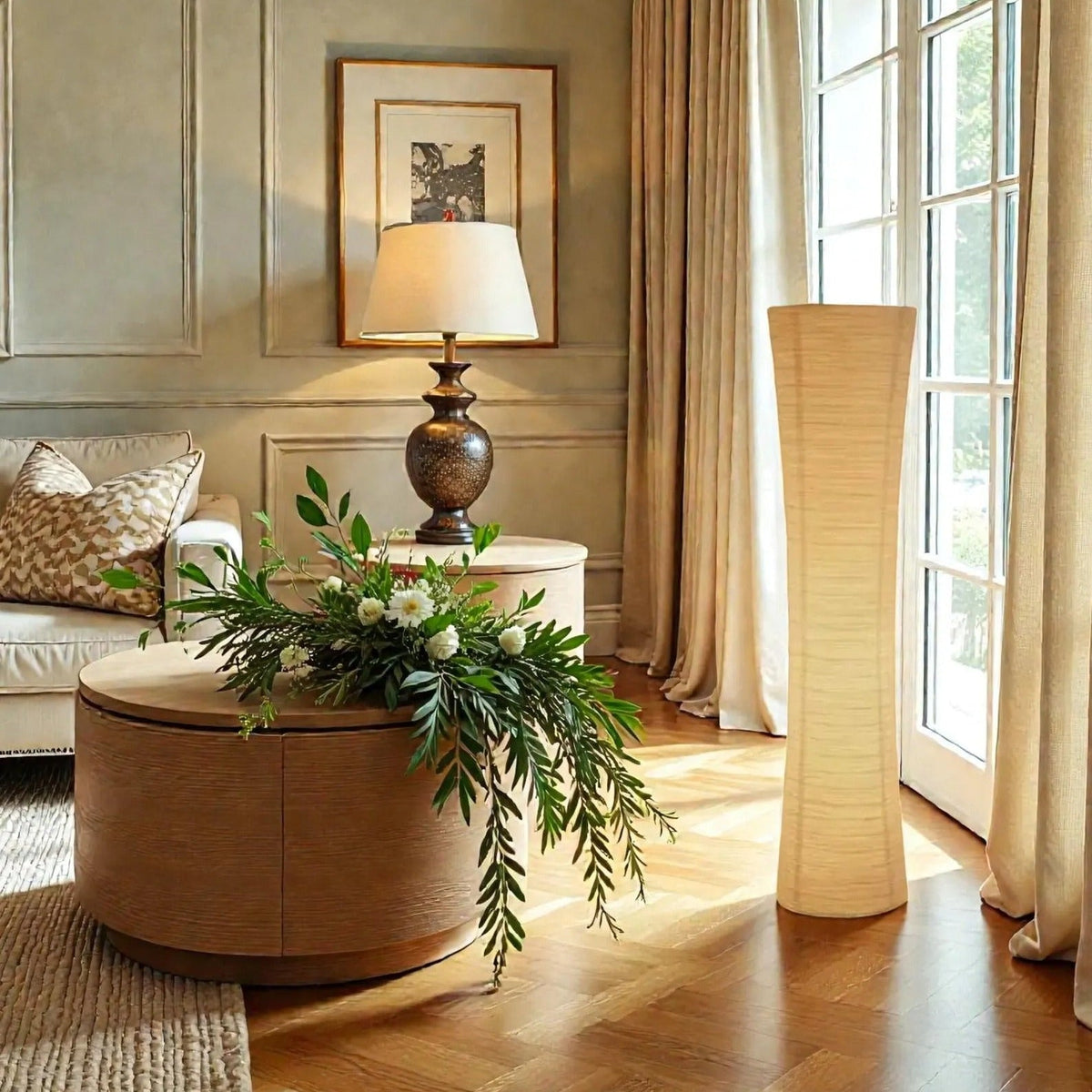 Ribbed Ivory Floor Lamp Tall Column Curved Paper Shade Accent Lighting Living Room