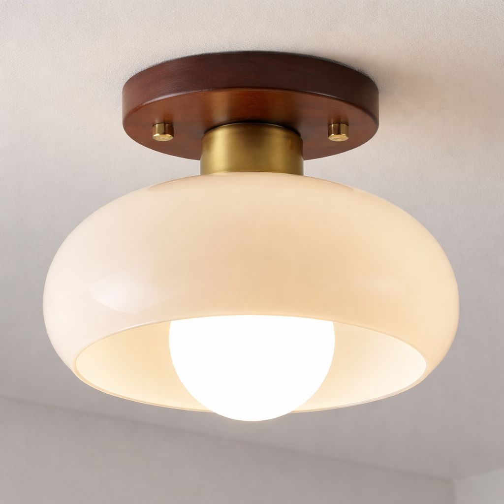 Glass Flush Ceiling Light Cream Dome Shade Wood Brass Base LED Semi Flush Mount