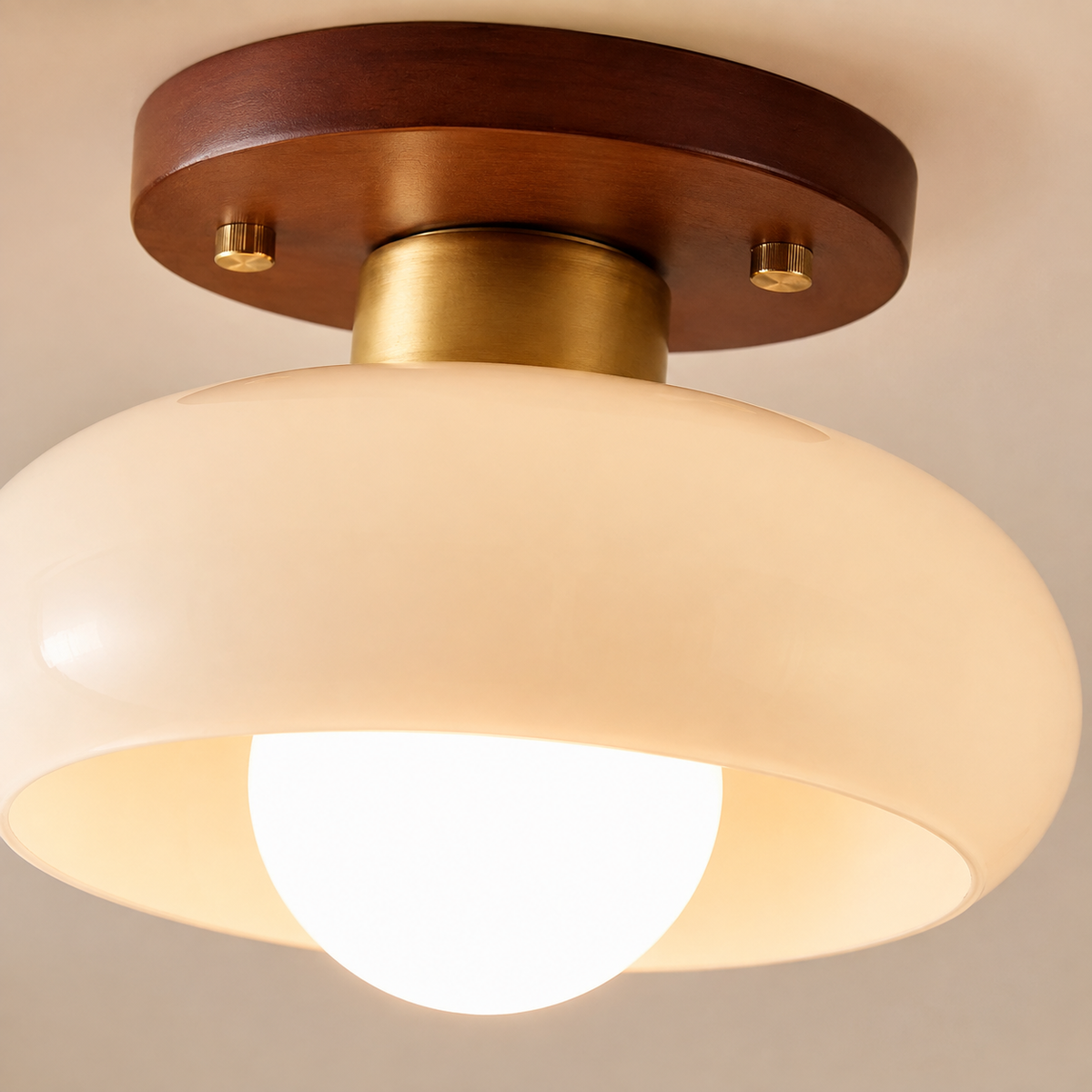 Glass Flush Ceiling Light Cream Dome Shade Wood Brass Base LED Semi Flush Mount