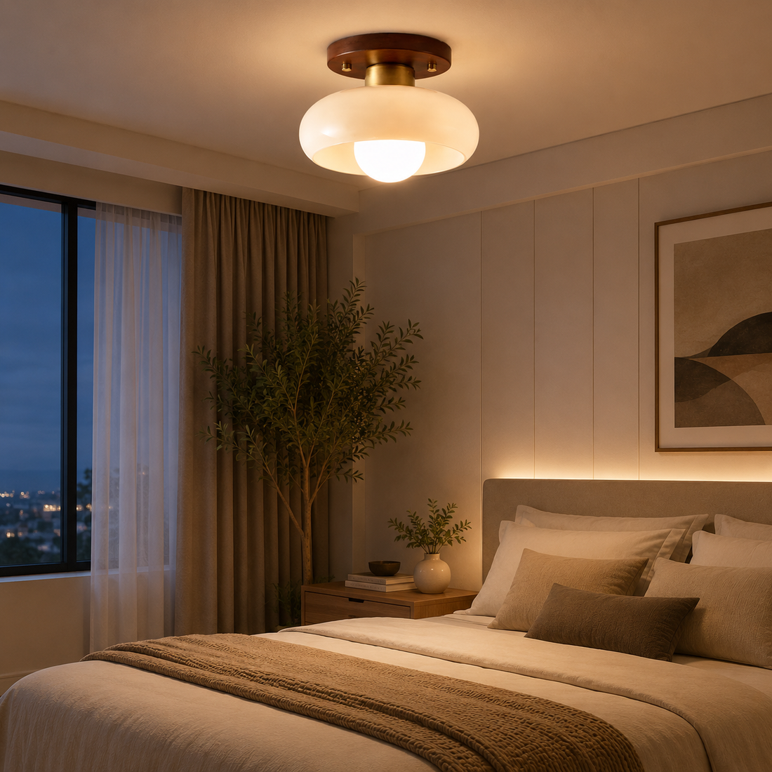 Glass Flush Ceiling Light Cream Dome Shade Wood Brass Base LED Semi Flush Mount