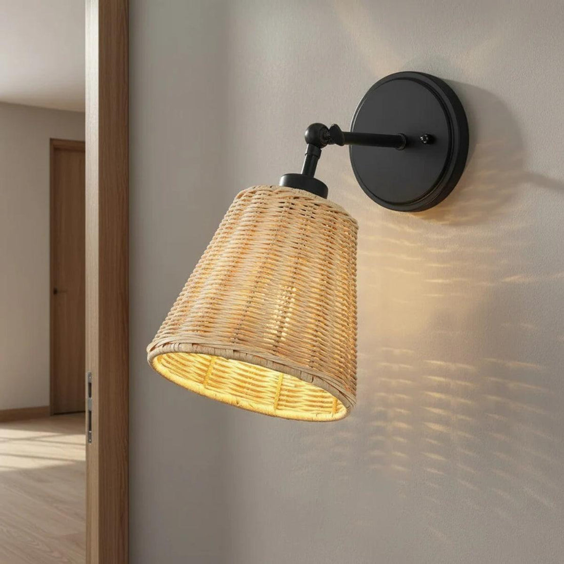 Battery Wall Sconce Rattan Tapered Shade Black Finish Adjustable Arm Bedroom Lighting