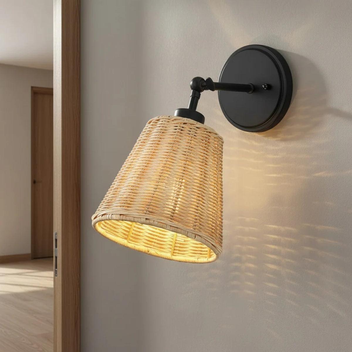 Battery Wall Sconce Rattan Tapered Shade Black Finish Adjustable Arm Bedroom Lighting
