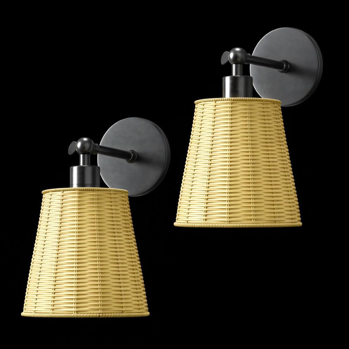 Battery Wall Sconce Rattan Tapered Shade Black Finish Adjustable Arm Bedroom Lighting