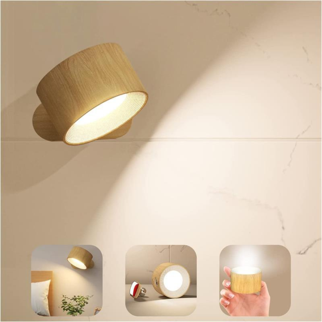 Wall Light Fixture Cordless Rechargeable 360° Rotating LED Black Touch Control Bedside Reading