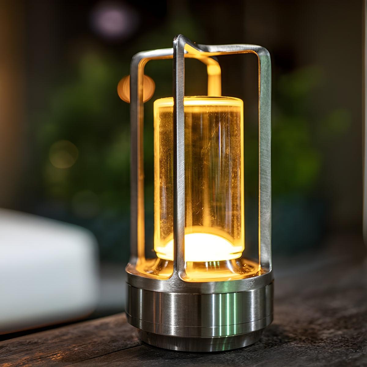 Rechargeable Table Lamp Caged Crystal Glass Cylinder Cordless Dimmable Bedside Light