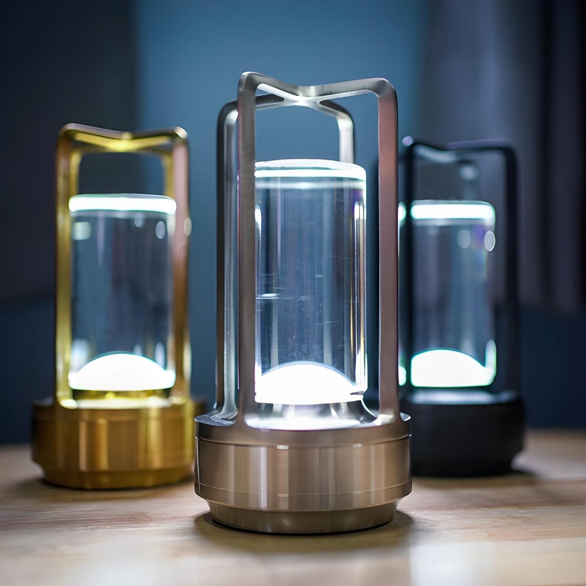 Rechargeable Table Lamp Caged Crystal Glass Cylinder Cordless Dimmable Bedside Light