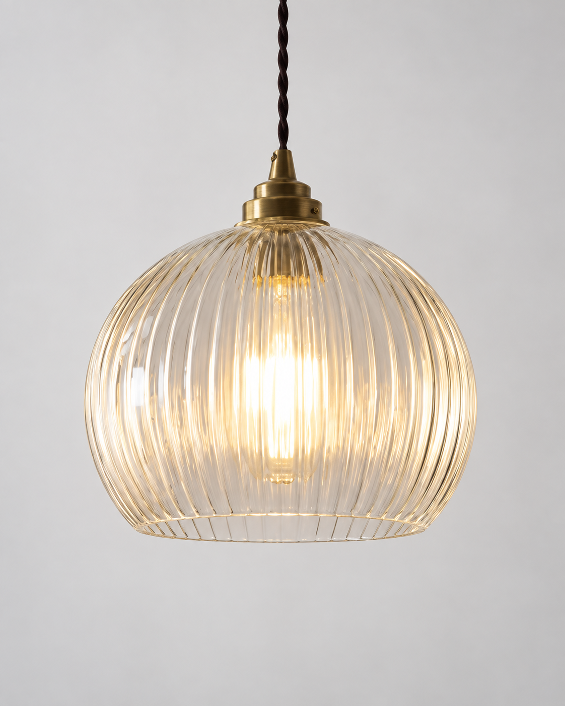 Ribbed Glass Pendant Light Clear Round Globe Brass Fitting Hanging Ceiling Lamp