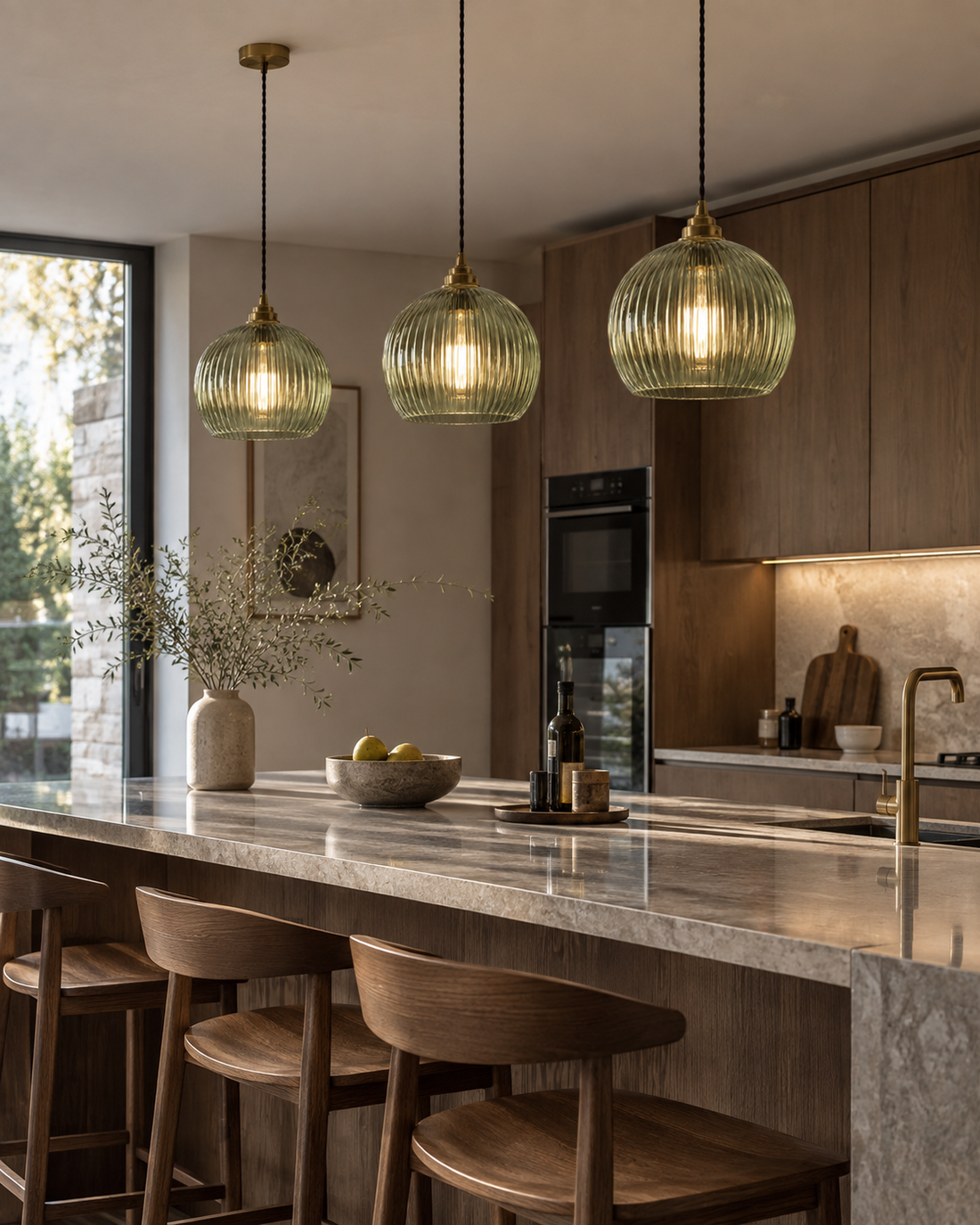 Ribbed Glass Pendant Light Clear Round Globe Brass Fitting Hanging Ceiling Lamp