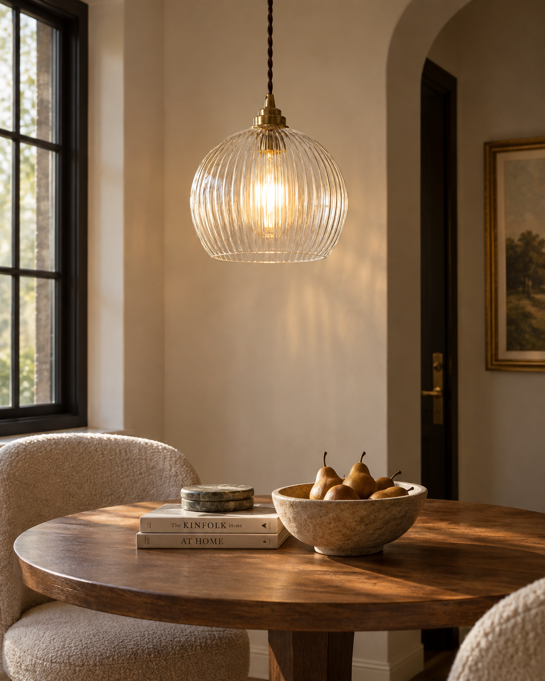 Ribbed Glass Pendant Light Clear Round Globe Brass Fitting Hanging Ceiling Lamp