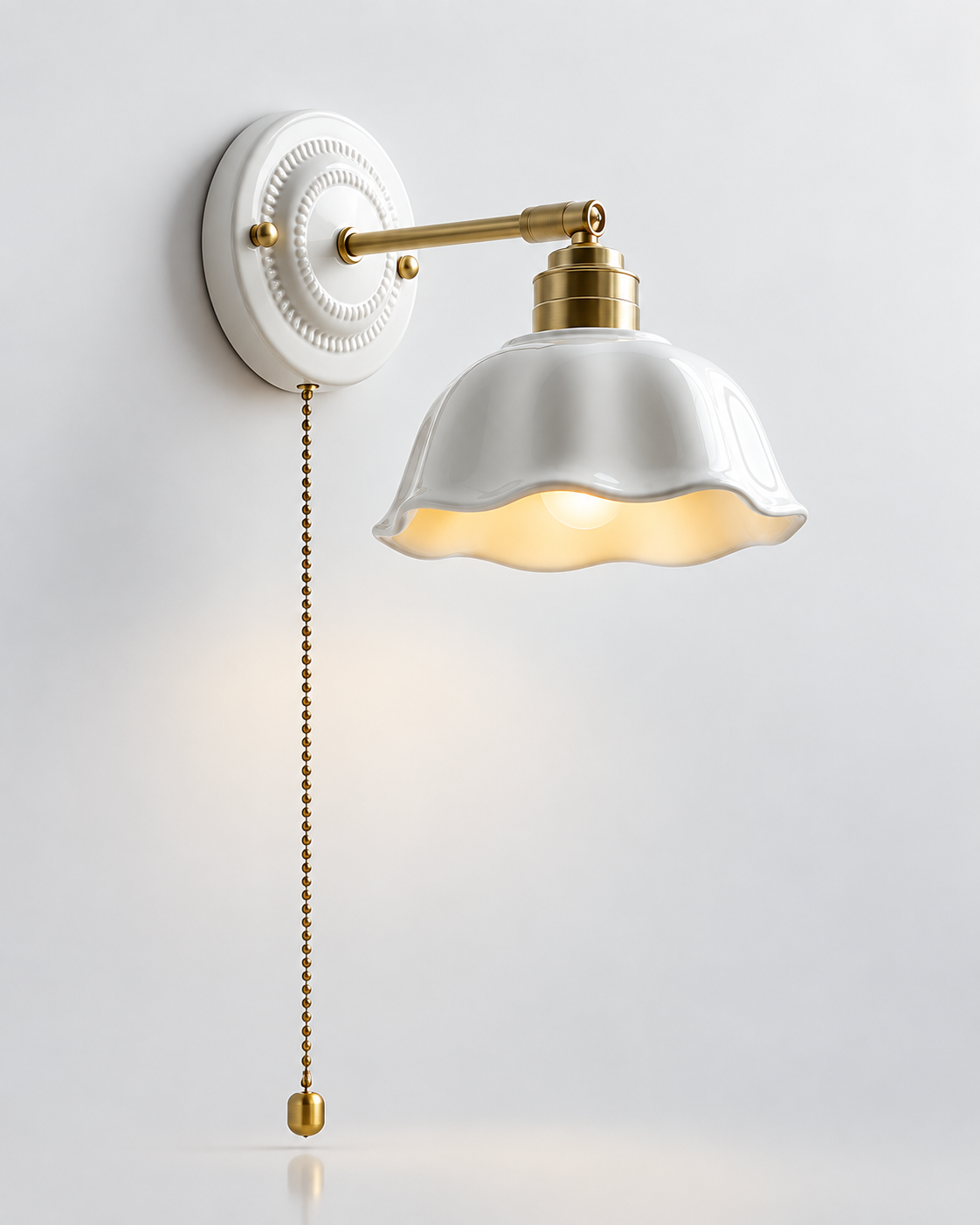 Ceramic Wall Sconce Scalloped Dome Shade Brass Pull Chain Hardwired Bedroom Vanity Light