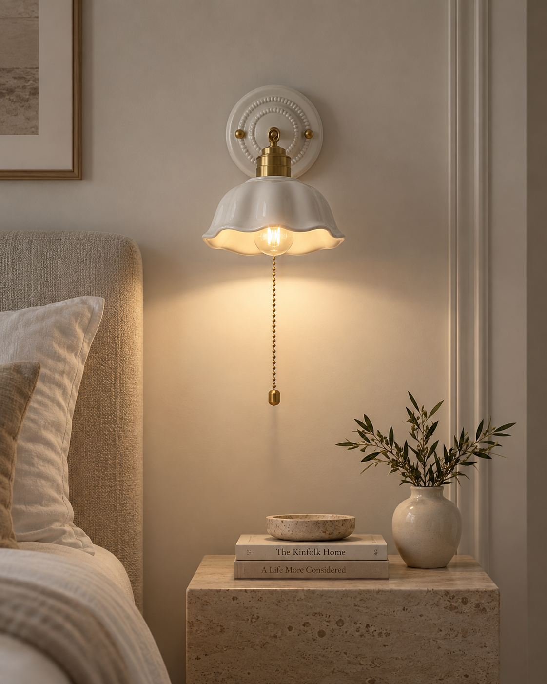 Ceramic Wall Sconce Scalloped Dome Shade Brass Pull Chain Hardwired Bedroom Vanity Light