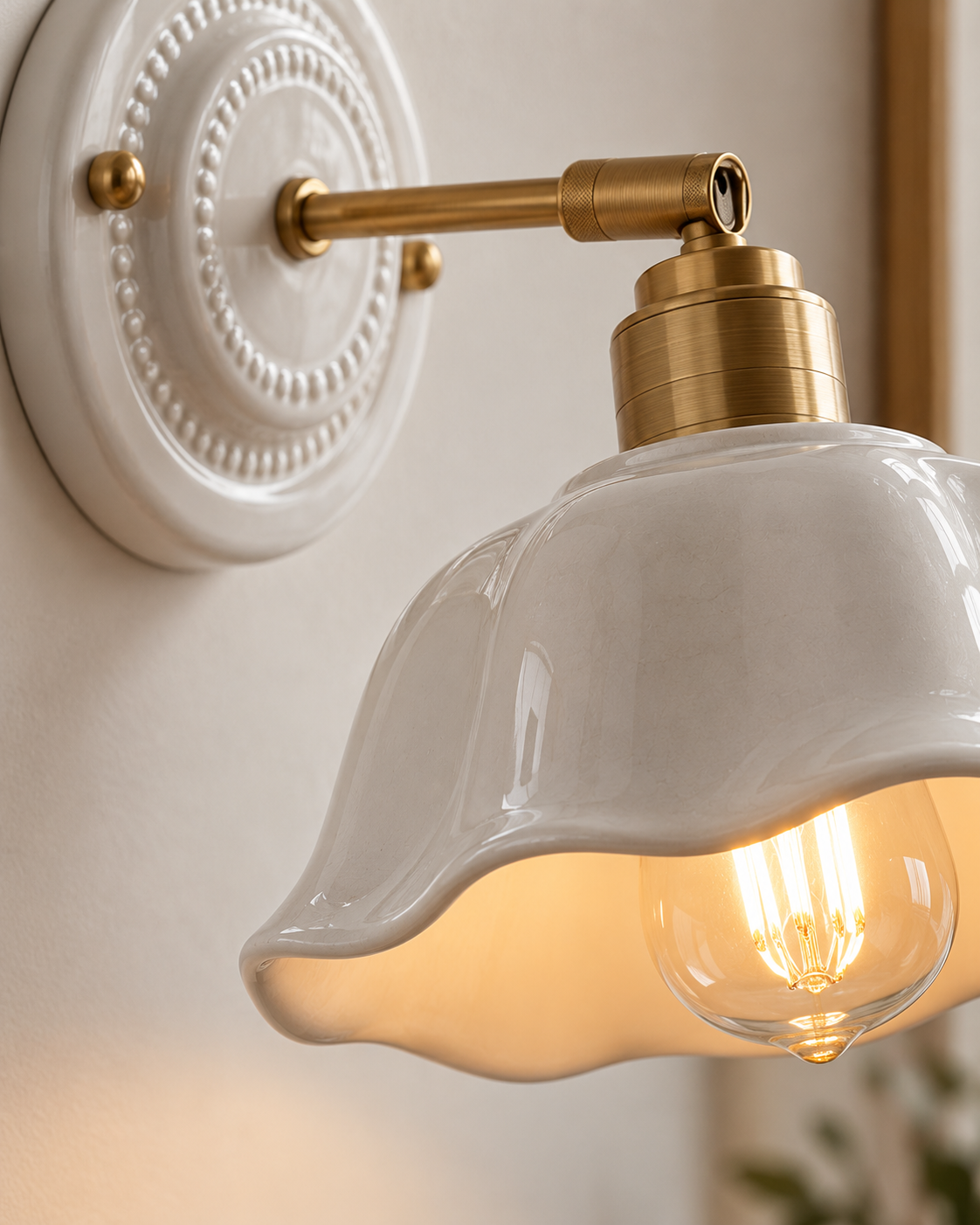 Ceramic Wall Sconce Scalloped Dome Shade Brass Pull Chain Hardwired Bedroom Vanity Light