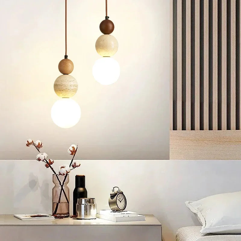 Wood Pendant Light Scandinavian Travertine Glass Globe Walnut Dimmable LED Dining Kitchen
