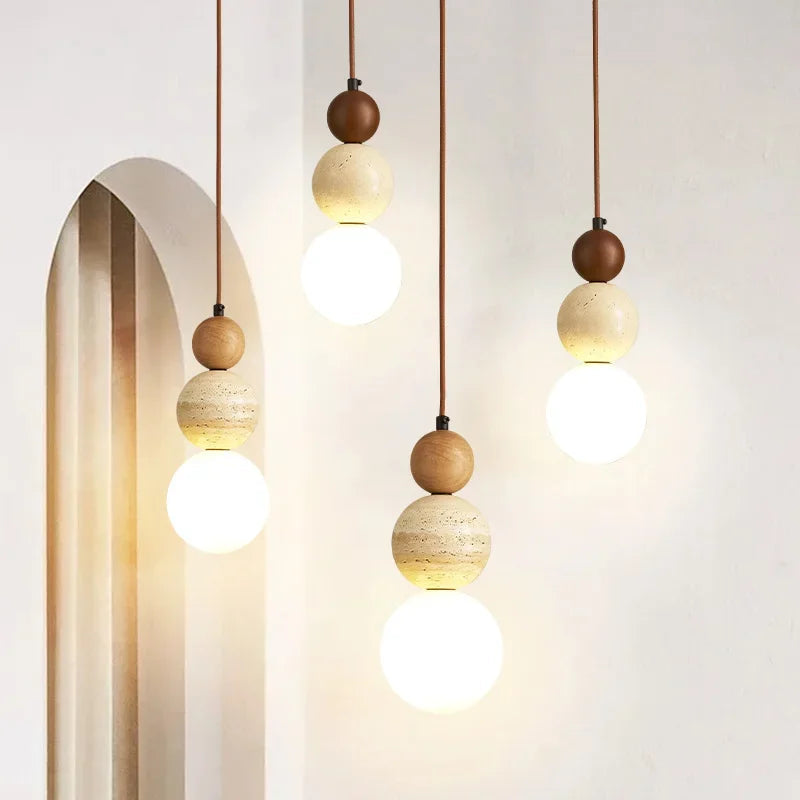 Wood Pendant Light Scandinavian Travertine Glass Globe Walnut Dimmable LED Dining Kitchen