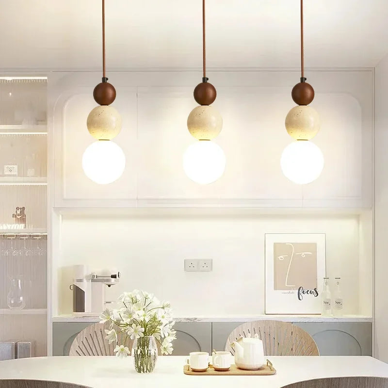 Wood Pendant Light Scandinavian Travertine Glass Globe Walnut Dimmable LED Dining Kitchen