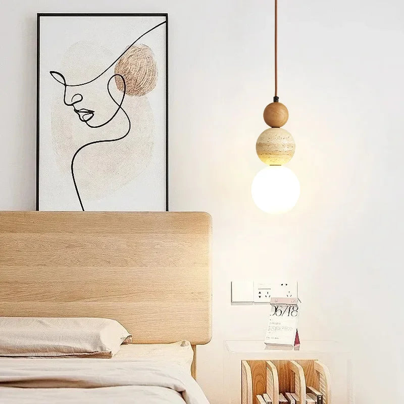 Wood Pendant Light Scandinavian Travertine Glass Globe Walnut Dimmable LED Dining Kitchen