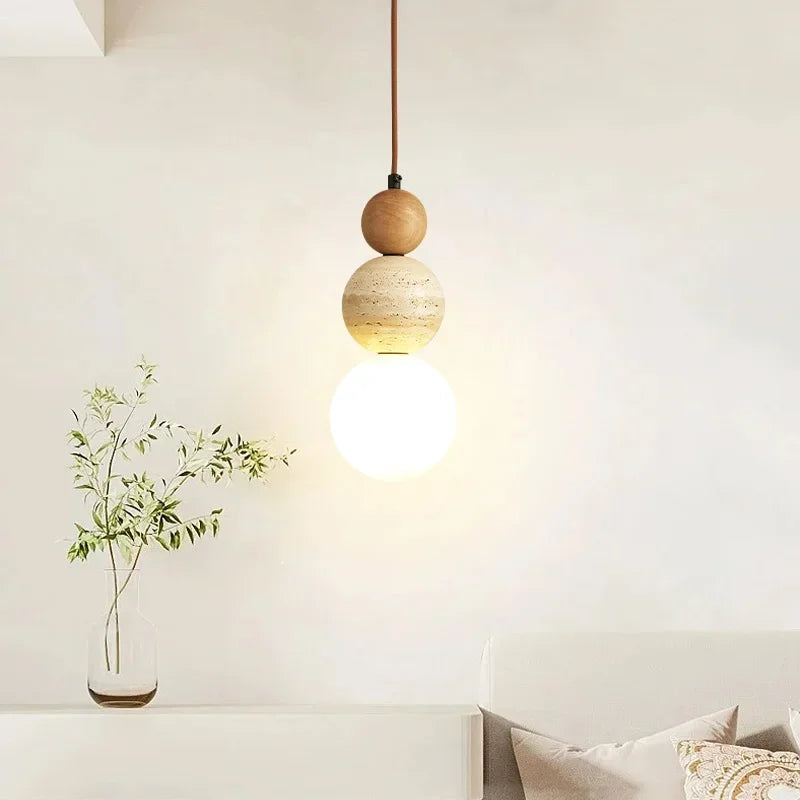 Wood Pendant Light Scandinavian Travertine Glass Globe Walnut Dimmable LED Dining Kitchen