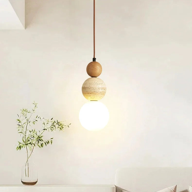 Wood Pendant Light Scandinavian Travertine Glass Globe Walnut Dimmable LED Dining Kitchen