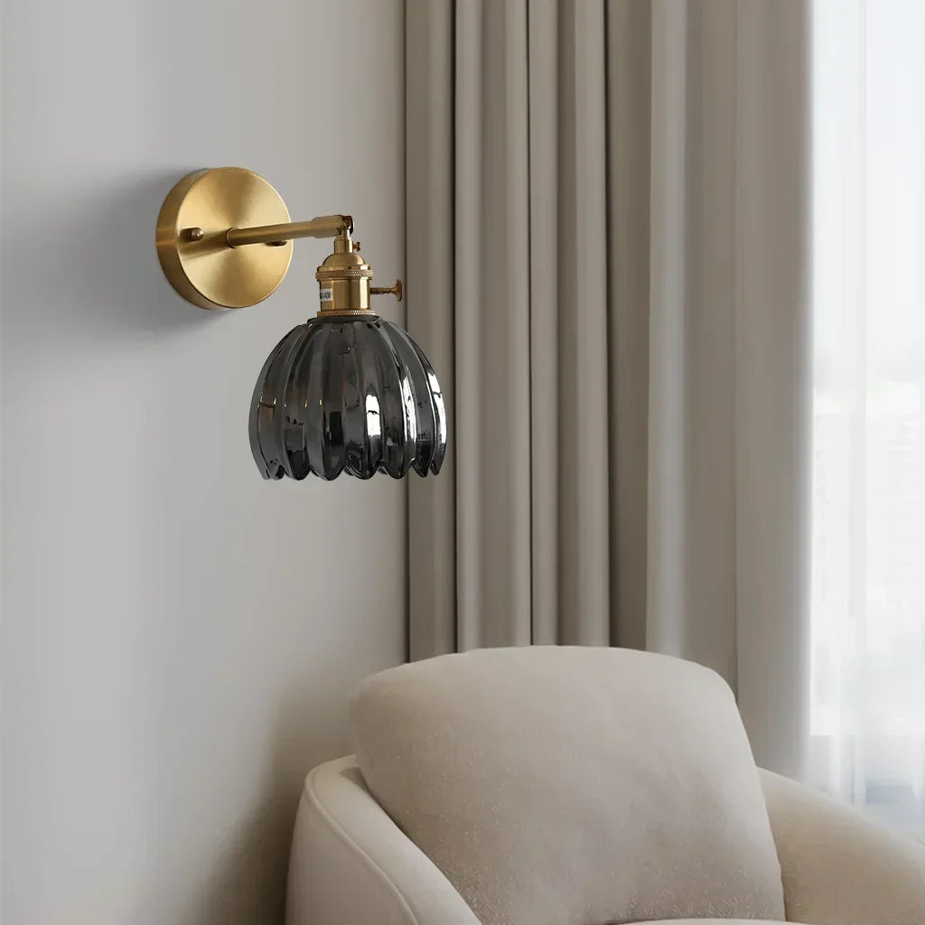 Art Deco Wall Sconce Fluted Glass Dome Shade Brass Finish Adjustable Bedroom Lighting