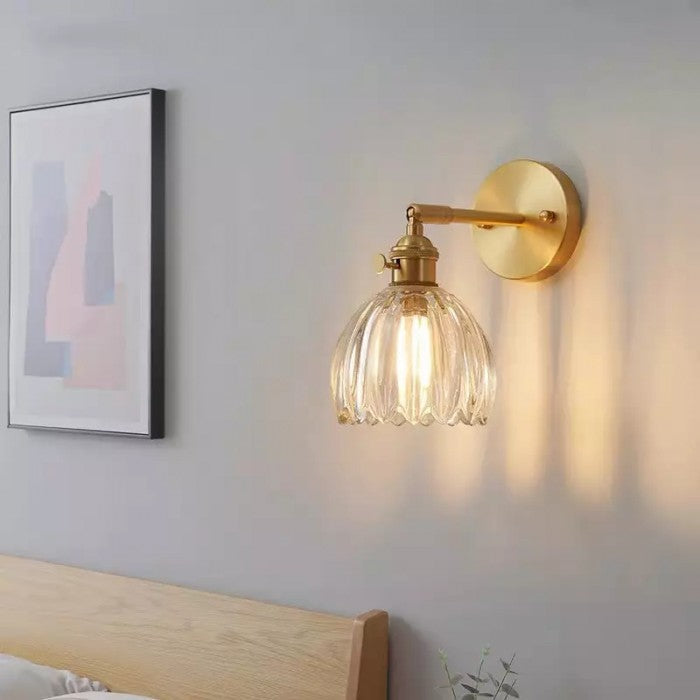 Art Deco Wall Sconce Fluted Glass Dome Shade Brass Finish Adjustable Bedroom Lighting