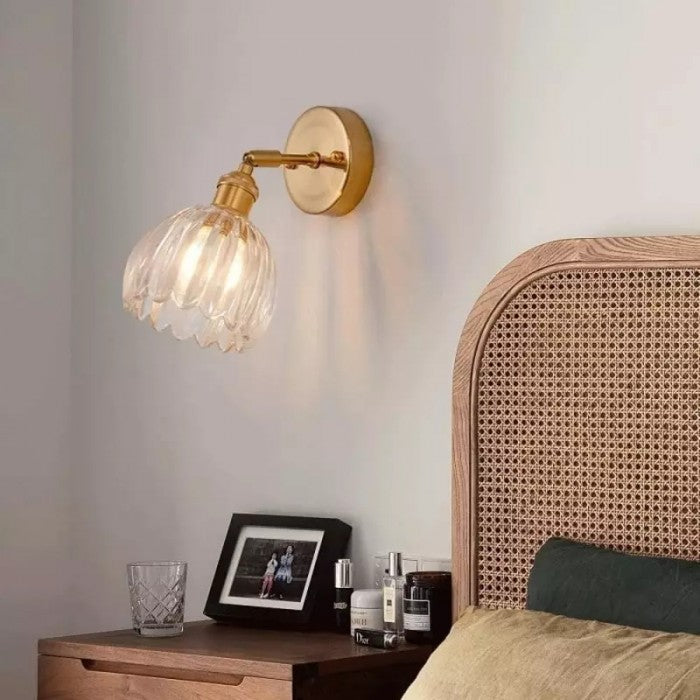 Art Deco Wall Sconce Fluted Glass Dome Shade Brass Finish Adjustable Bedroom Lighting