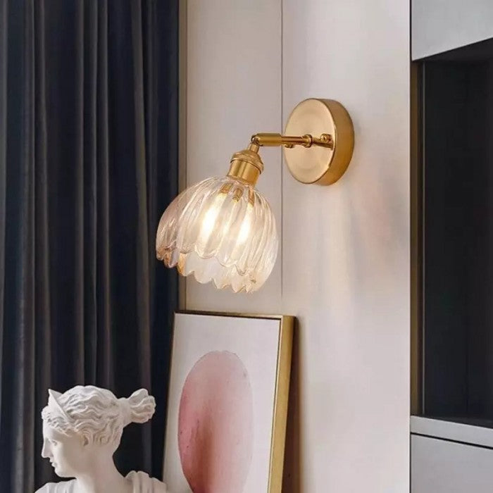 Art Deco Wall Sconce Fluted Glass Dome Shade Brass Finish Adjustable Bedroom Lighting