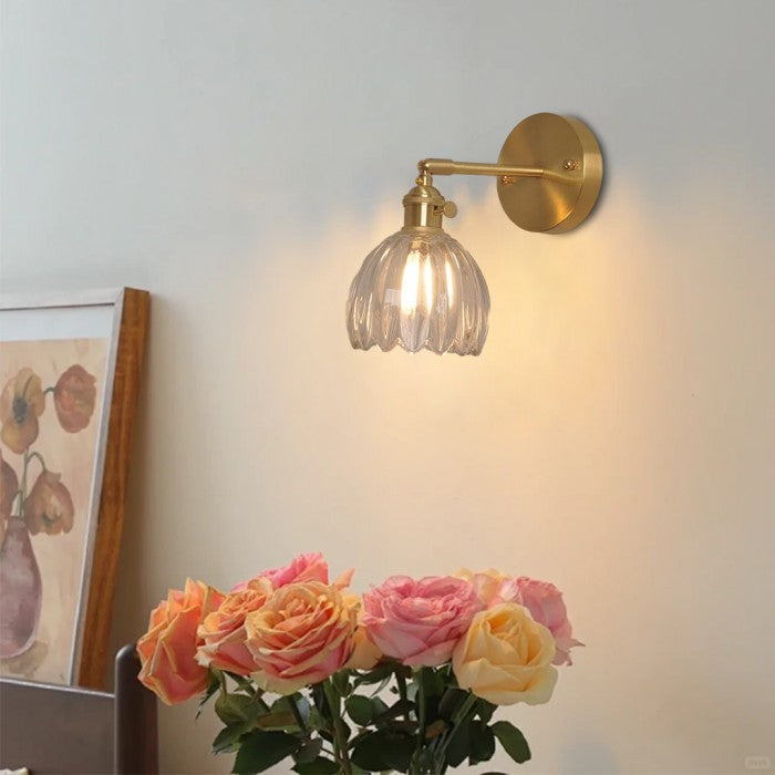 Art Deco Wall Sconce Fluted Glass Dome Shade Brass Finish Adjustable Bedroom Lighting