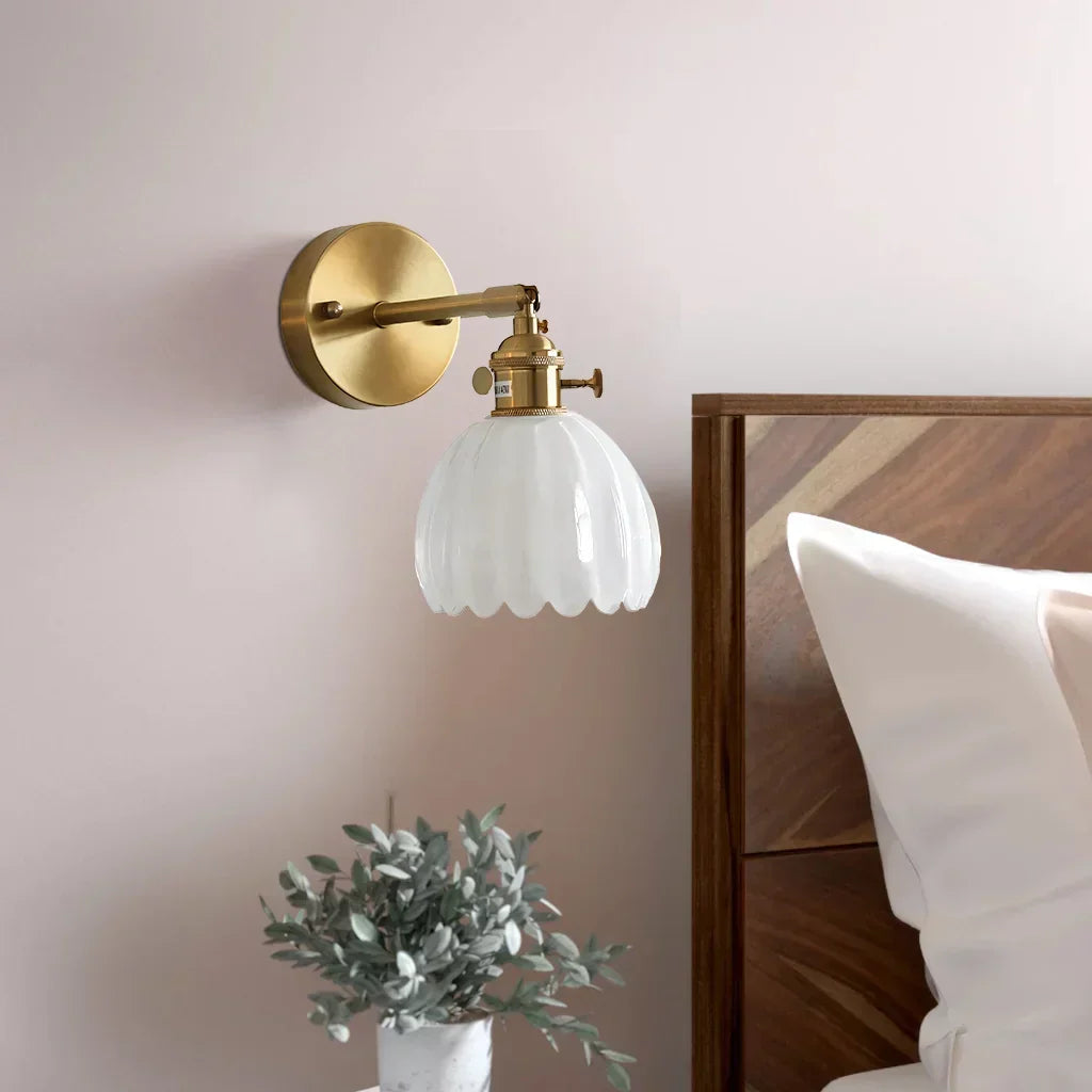Art Deco Wall Sconce Fluted Glass Dome Shade Brass Finish Adjustable Bedroom Lighting
