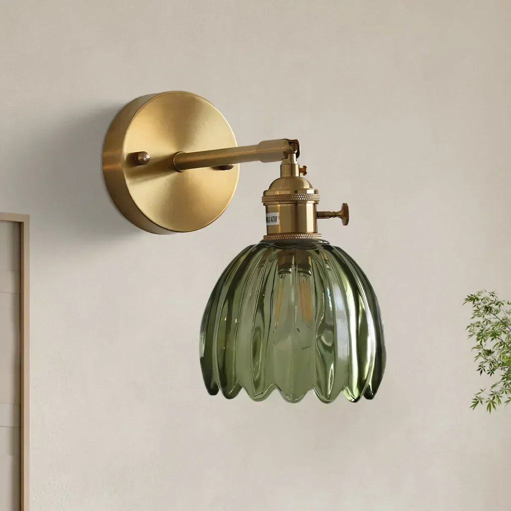 Art Deco Wall Sconce Fluted Glass Dome Shade Brass Finish Adjustable Bedroom Lighting