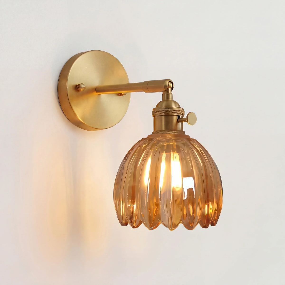 Art Deco Wall Sconce Fluted Glass Dome Shade Brass Finish Adjustable Bedroom Lighting