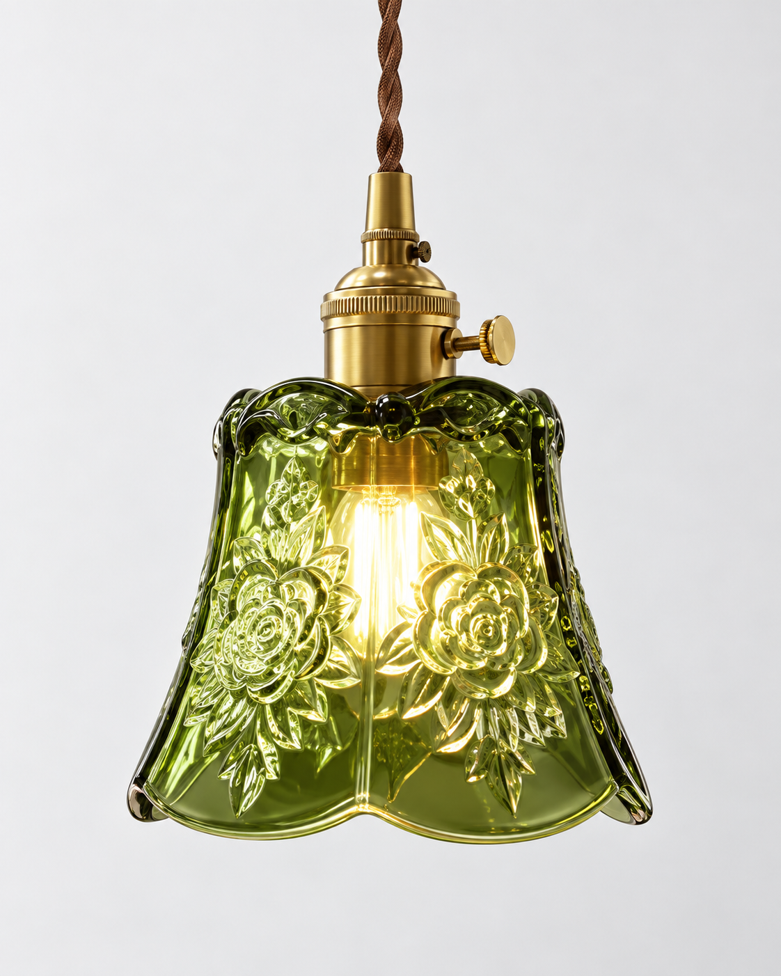 Green Glass Pendant Light Scalloped Bell Shade Brass Fitting Kitchen Ceiling Lighting