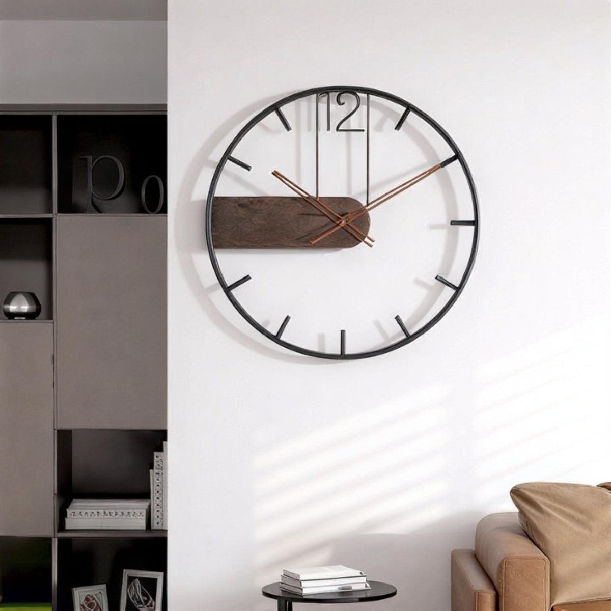 Wall Clock Round Minimalist Wood Composite Metal Frame Silent Home Office Decor
