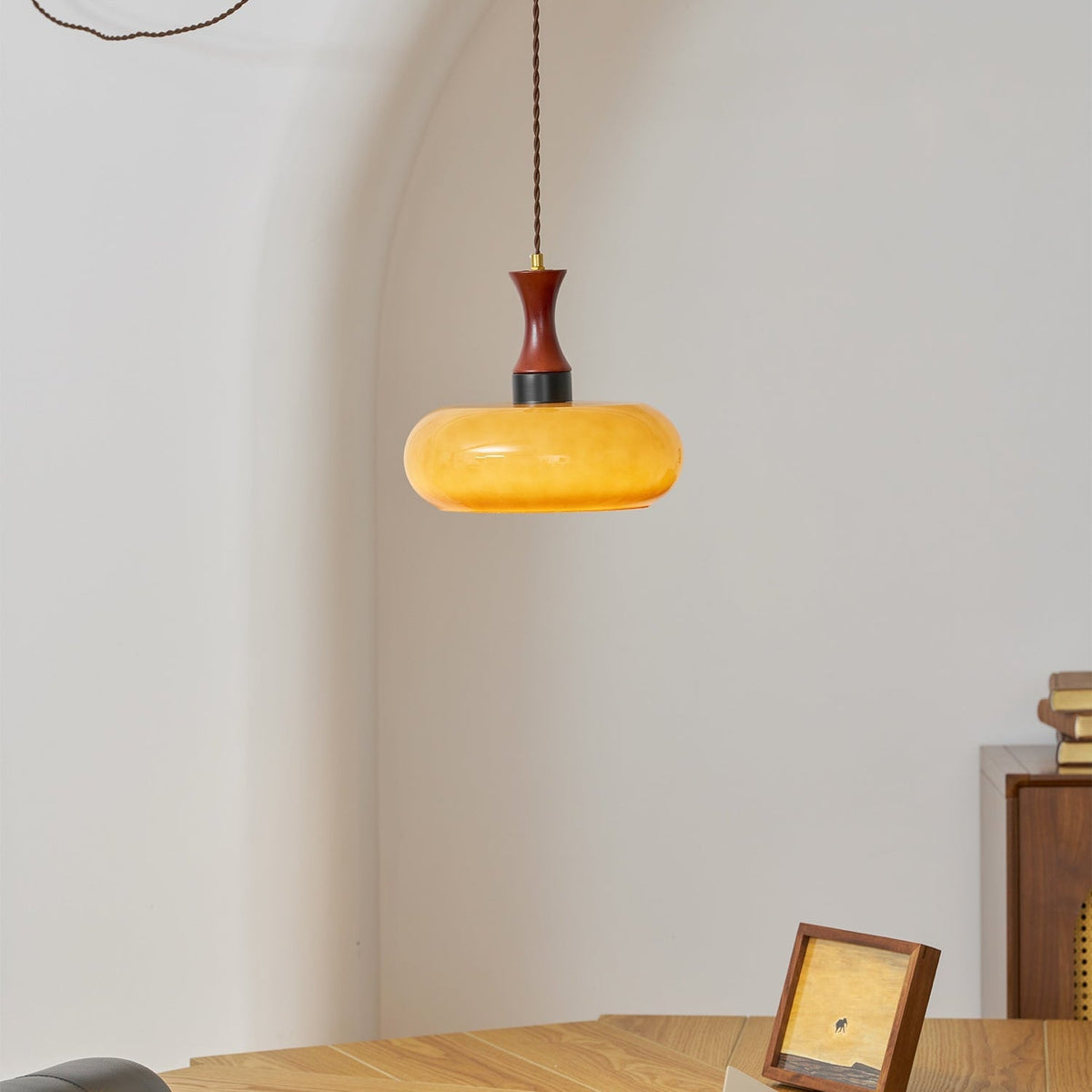 Plug-In Pendant Lamp Oval Glass Shade Wood Accent Dimmer Switch Hanging Light