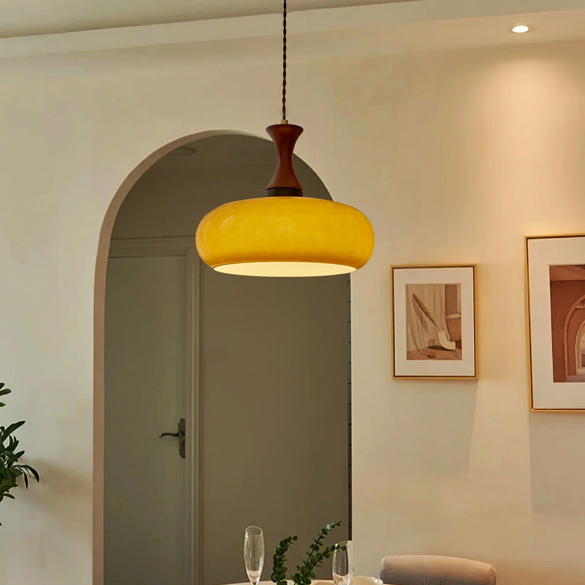 Plug-In Pendant Lamp Oval Glass Shade Wood Accent Dimmer Switch Hanging Light
