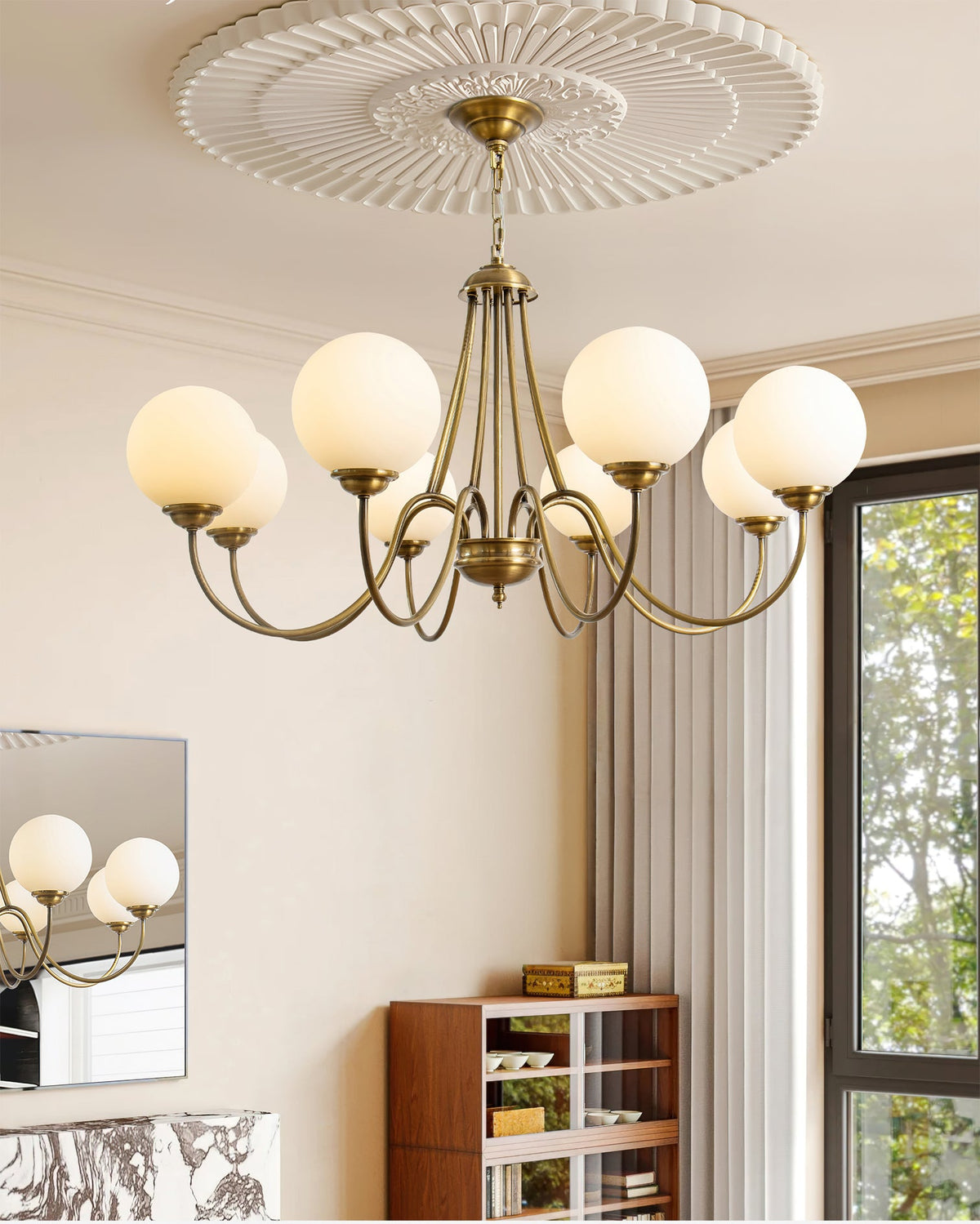 8-Light Globe Chandelier Brass Finish White Frosted Glass Curved Arm Dining Room