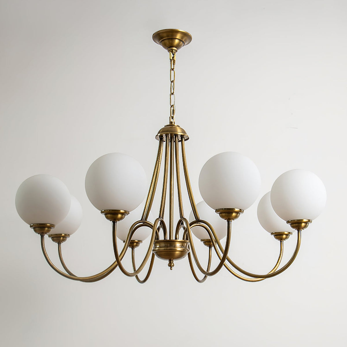 8-Light Globe Chandelier Brass Finish White Frosted Glass Curved Arm Dining Room