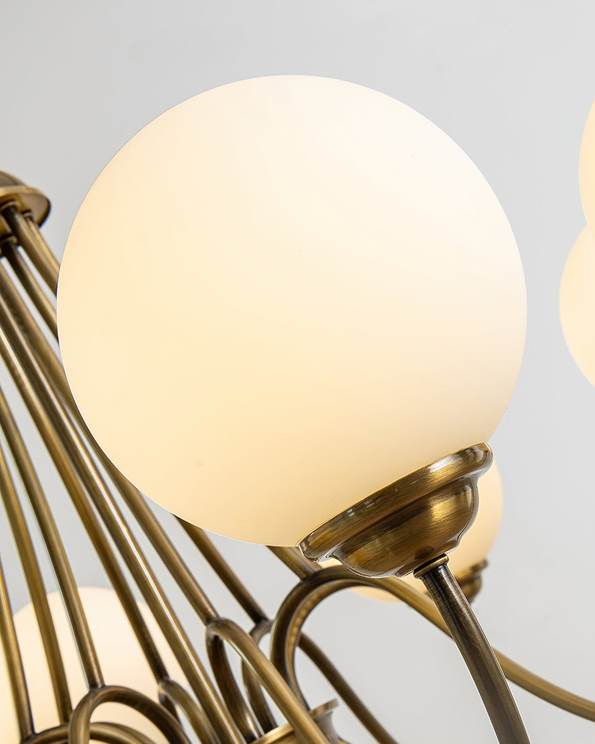 8-Light Globe Chandelier Brass Finish White Frosted Glass Curved Arm Dining Room