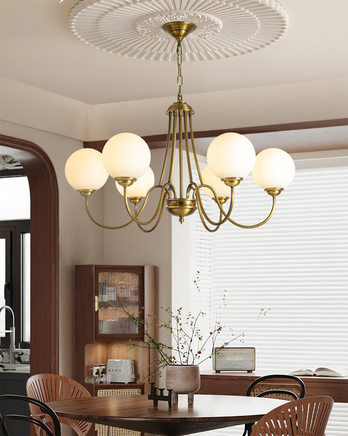 8-Light Globe Chandelier Brass Finish White Frosted Glass Curved Arm Dining Room