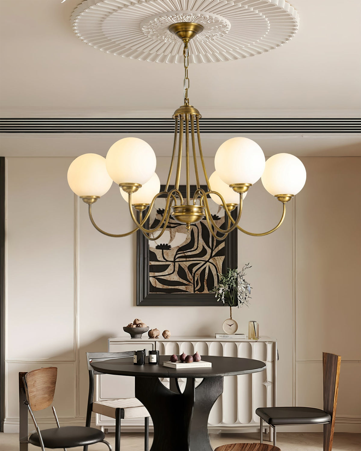 8-Light Globe Chandelier Brass Finish White Frosted Glass Curved Arm Dining Room
